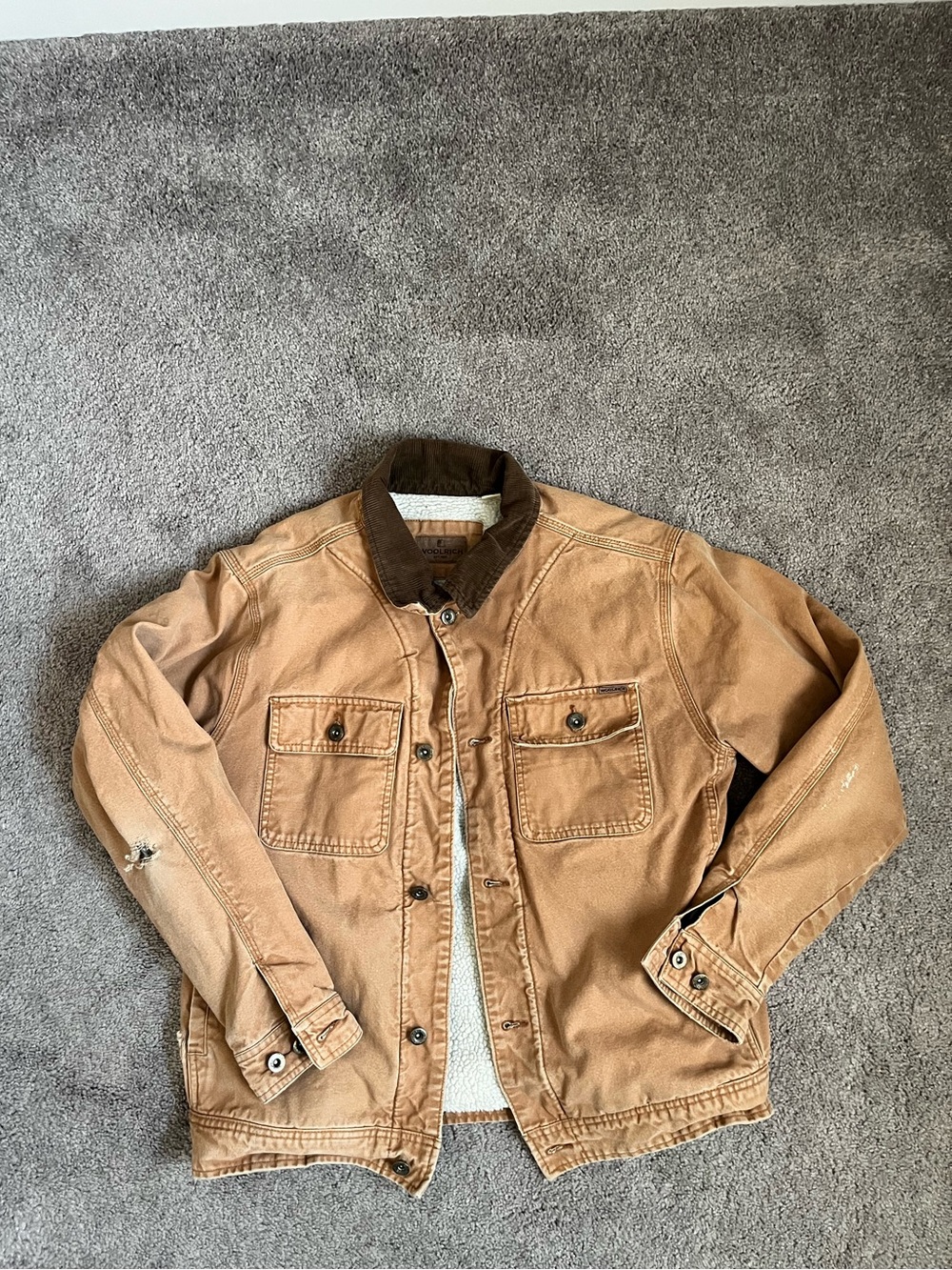 Woolrich Tan Canvas Work Jacket with Dark Brown Corduroy Collar